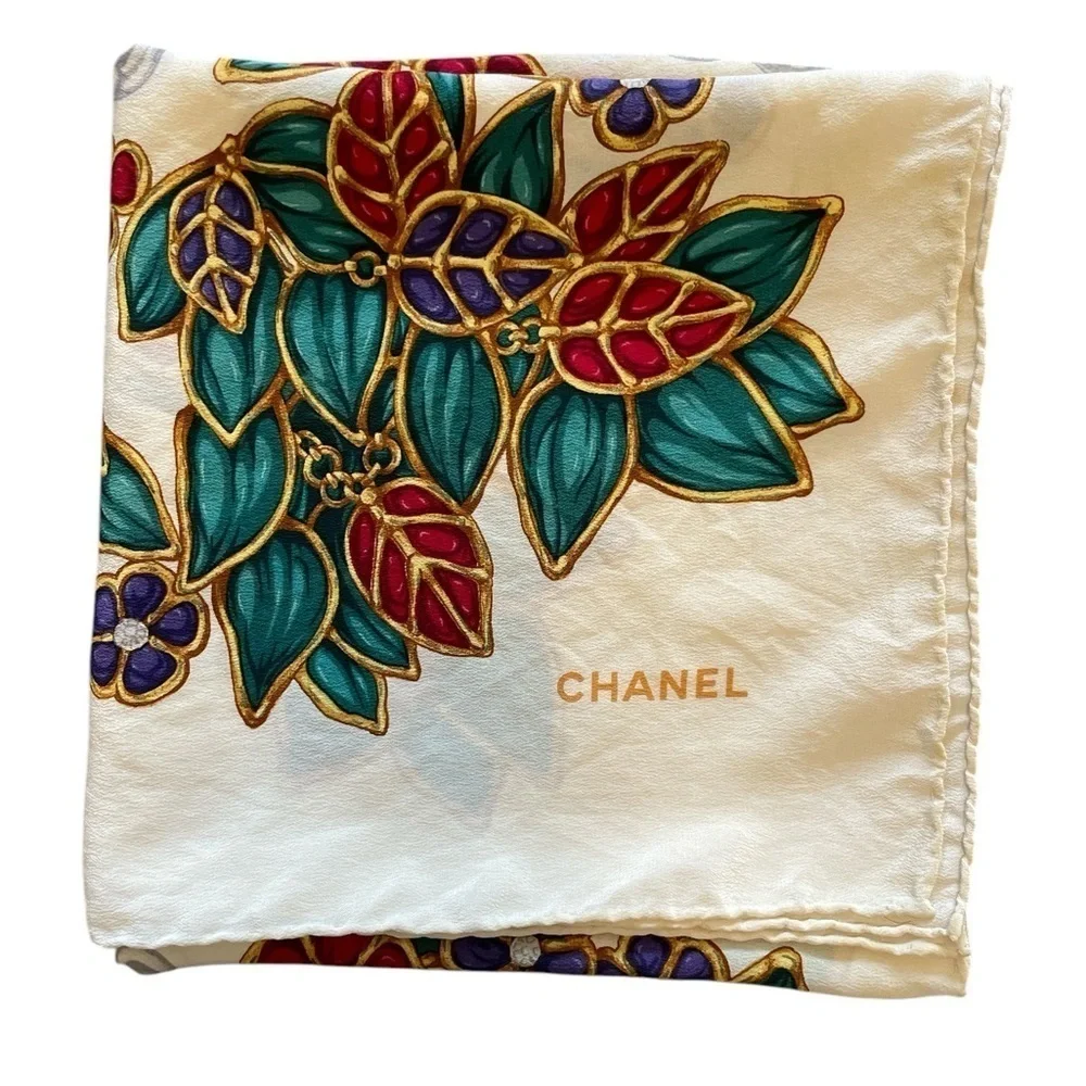 Authentic Chanel Vintage Gripoix Cream Silk Scarf Rare Print